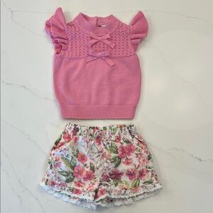 Janie and Jack Pink Knit Top and Floral Shorts Set